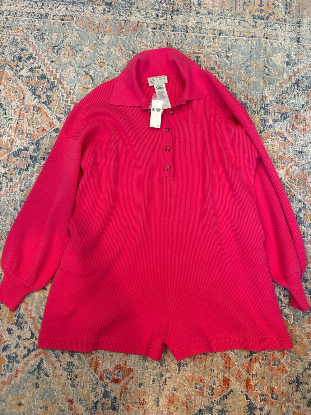 Anthropologie Hot Pink Ribbed Long-Sleeve Romper